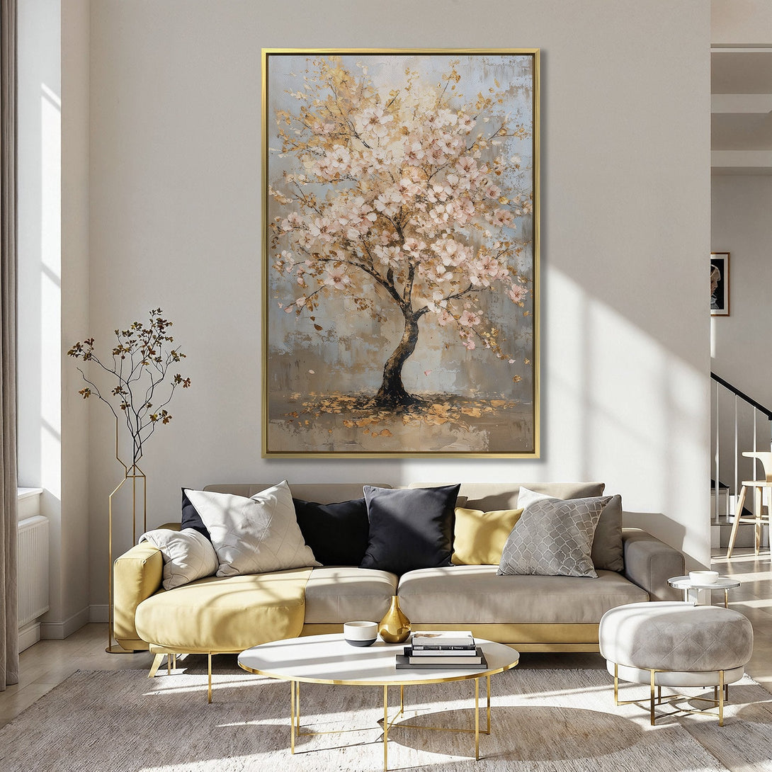 Canvas Print of a blossoming tree in soft pink and gold tones, perfect for adding a touch of elegance to your home decor.