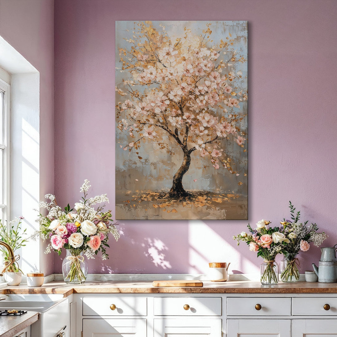 Framed Wall Art: Elegant tree painting in neutral tones with gold accents. Perfect for adding a touch of serenity and style to your living room decor.