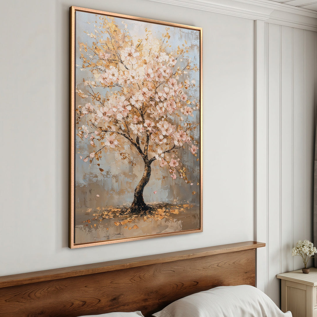 Framed Wall Art: Abstract floral tree painting in soft pinks, golds, and blues. Perfect for bedroom decor, adding a touch of elegance and serenity.
