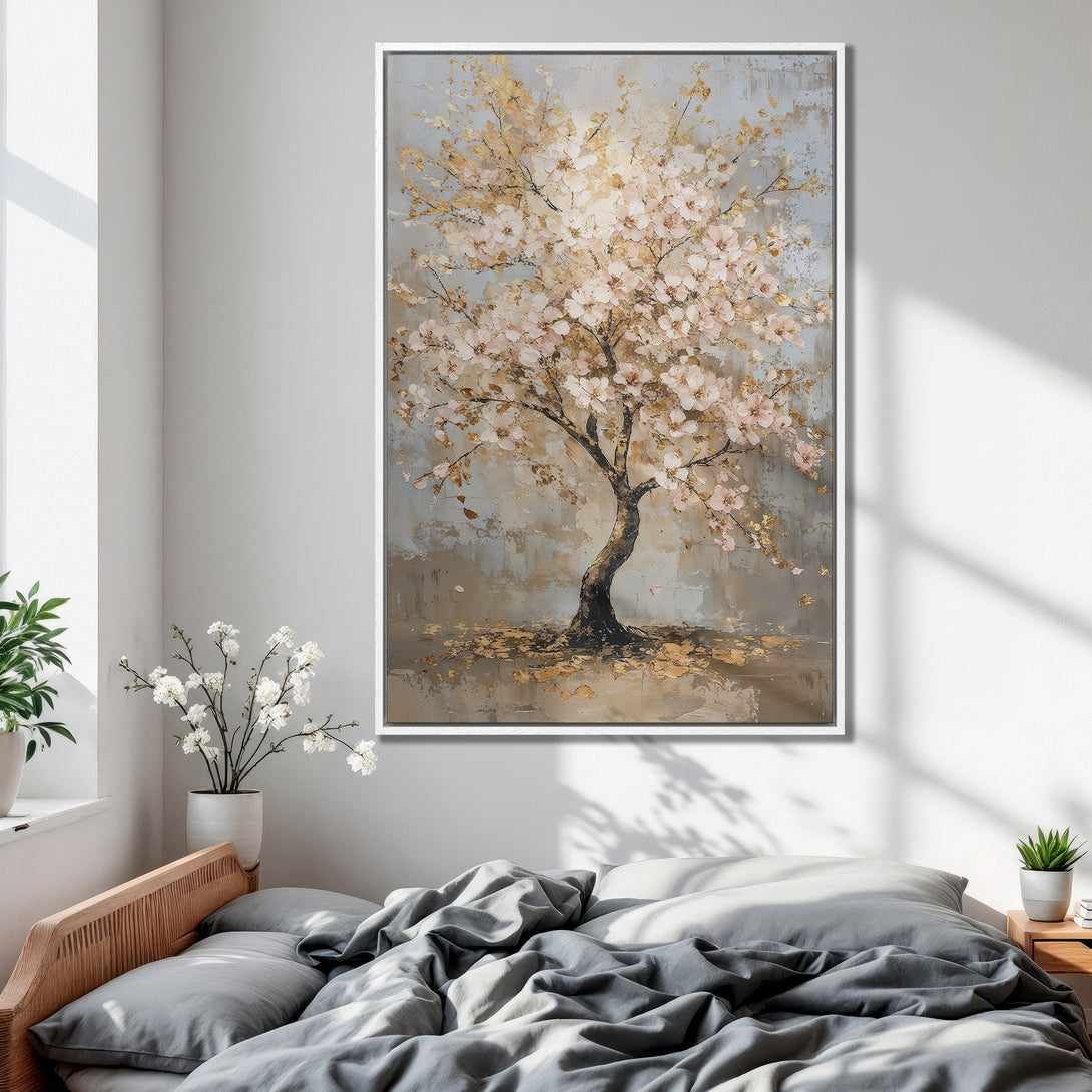 Framed Wall Art: Abstract painting of a blossoming tree in soft pinks and golds. Adds a touch of nature and elegance to any bedroom decor.