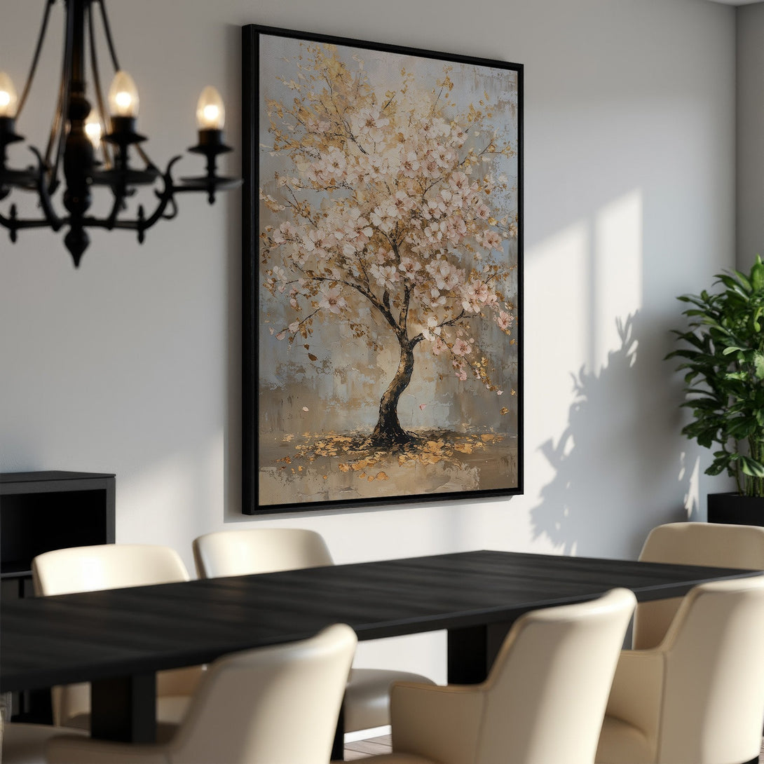 Framed Wall Art of a blossoming tree in neutral tones. Elegant, abstract style. Perfect for adding a touch of nature to your dining room!