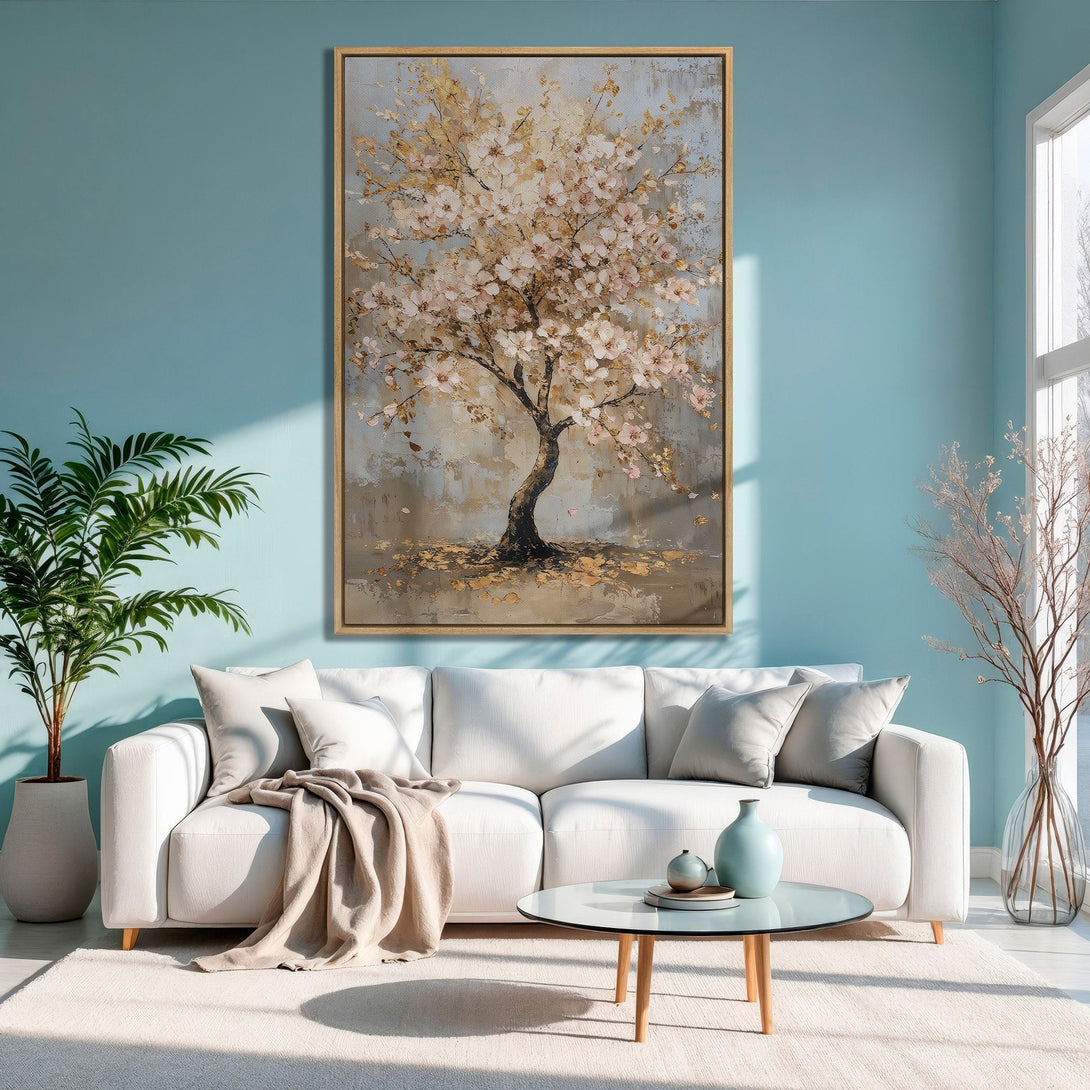 Framed Wall Art: Abstract tree painting in neutral and gold tones. Perfect for adding a touch of elegance to your living room.