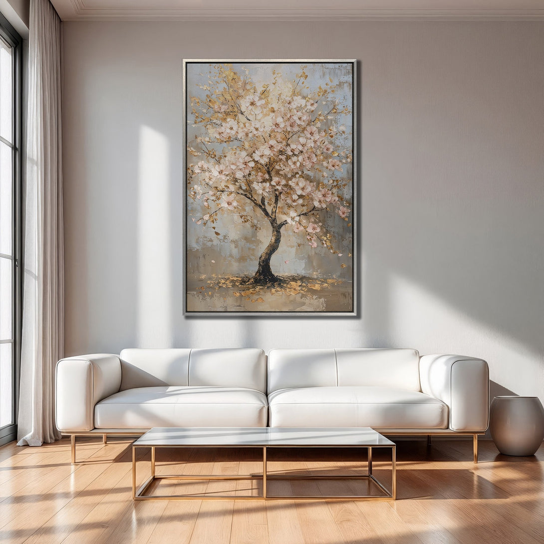 Framed Wall Art: Abstract tree painting in neutral tones. Perfect for living room decor. Adds a touch of elegance to any space.