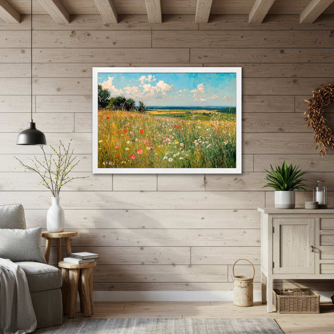 Framed Poster of a vibrant wildflower field painting. Featuring a blue sky, green, yellow, and pink color palette. Perfect wall art!