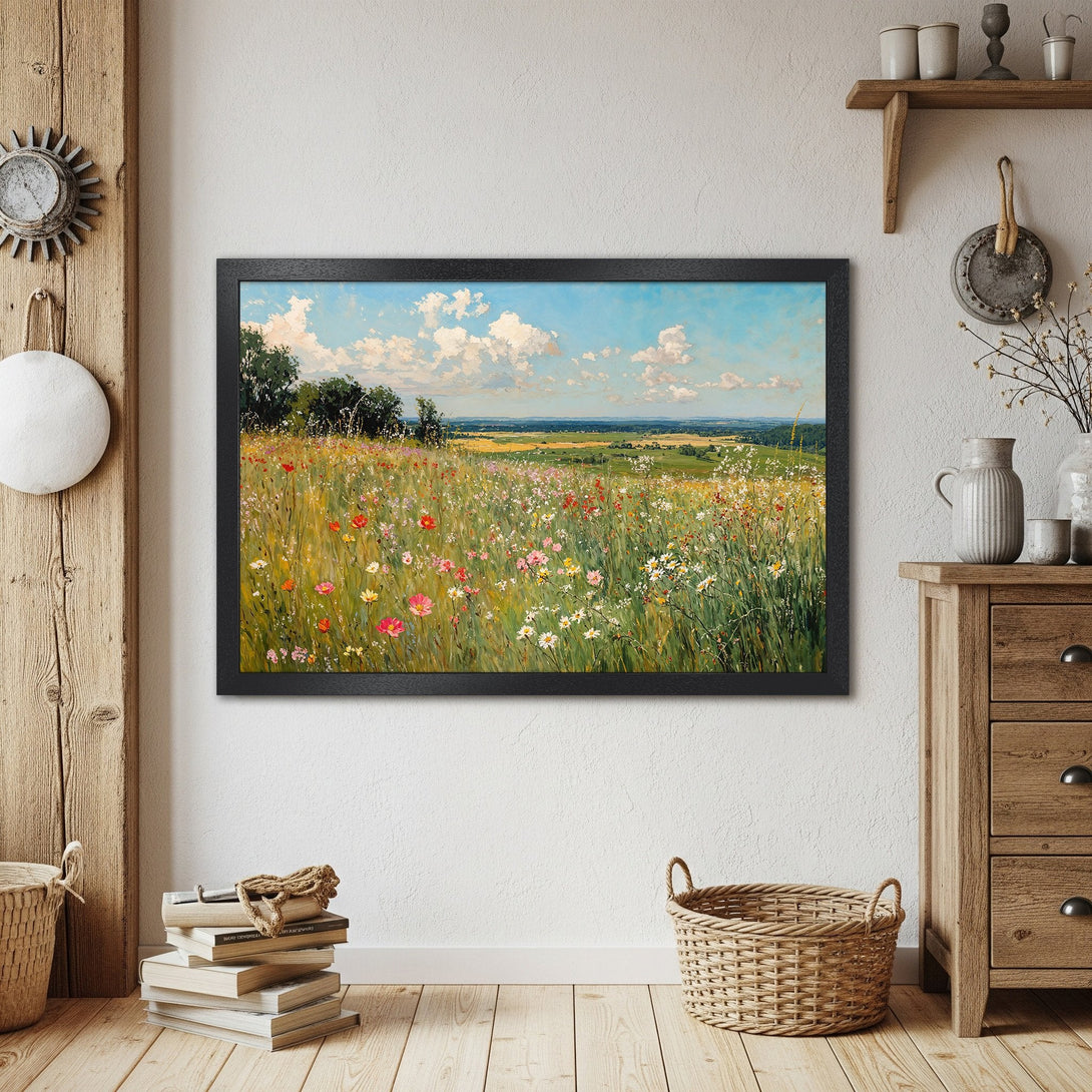 Framed Poster featuring a vibrant meadow landscape painting in a rustic style, with a blue, green, and yellow color palette.