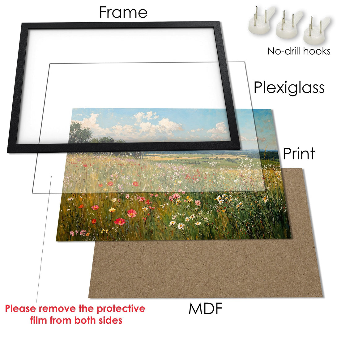 Framed Poster of a vibrant meadow landscape painting, featuring a black frame, blue sky, and colorful wildflowers.