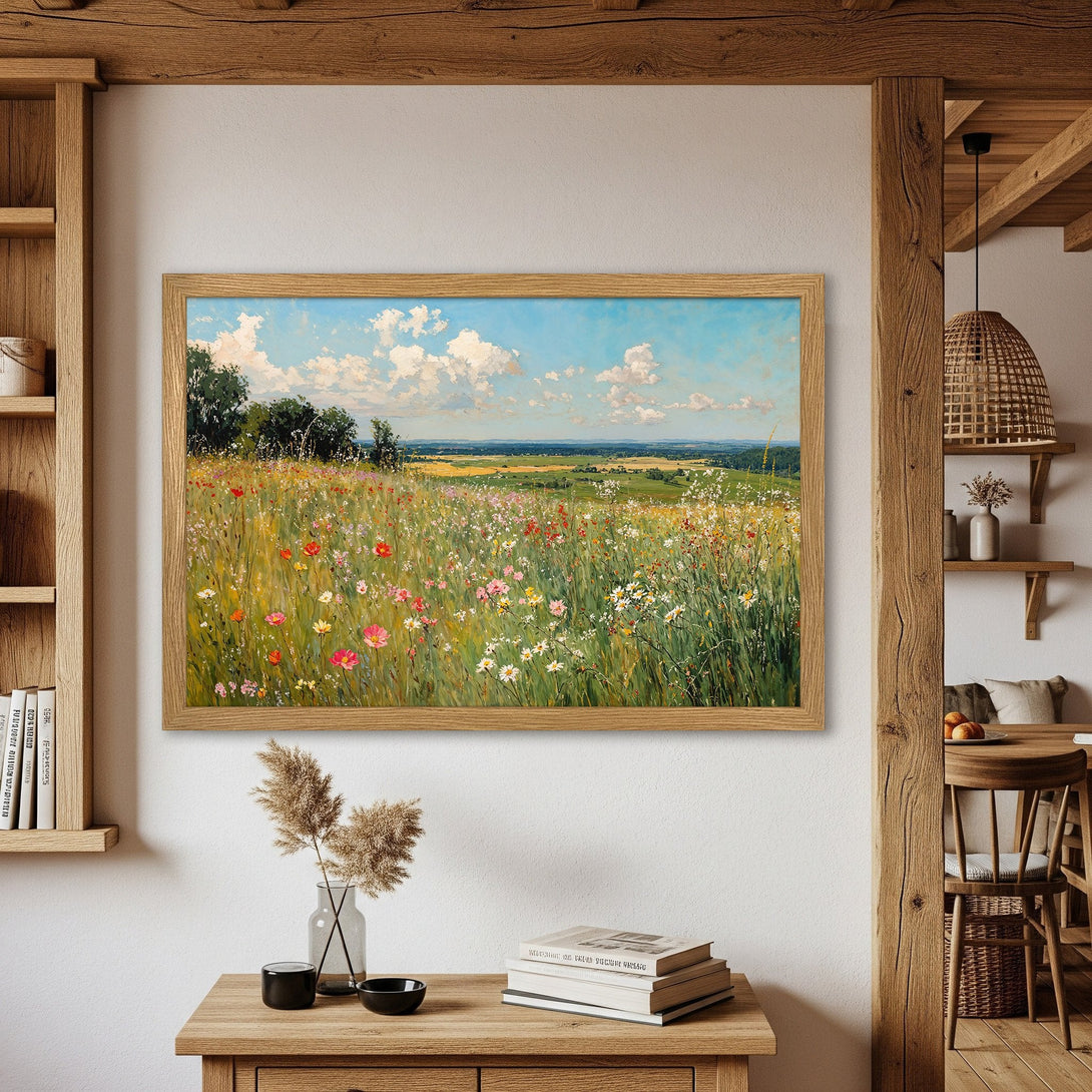 Framed Poster of a vibrant meadow landscape painting. Impressionistic style with a colorful palette of blues, greens, and yellows. Bring nature indoors!