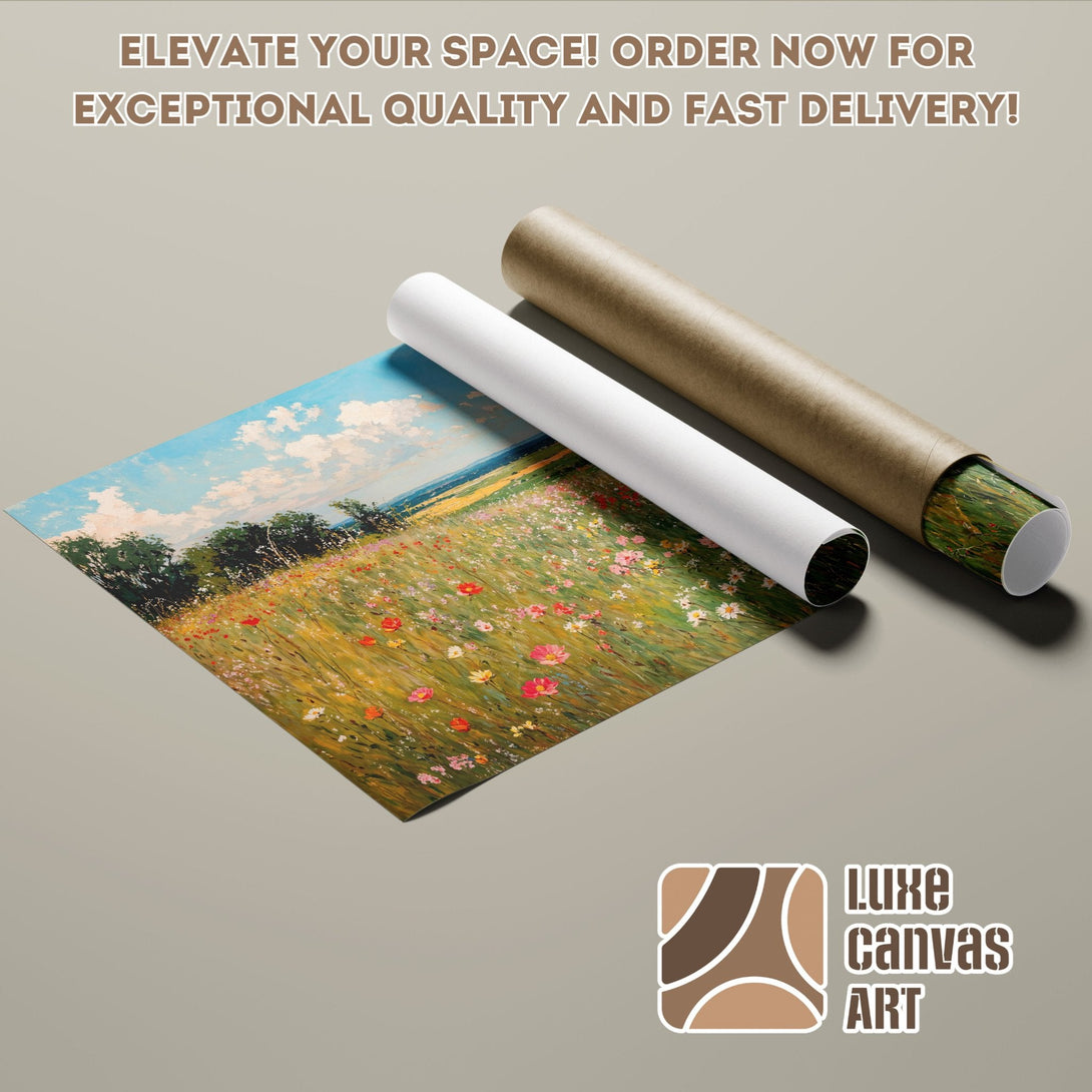Poster Roll of a vibrant field landscape painting, colorful palette. Elevate your space with art!