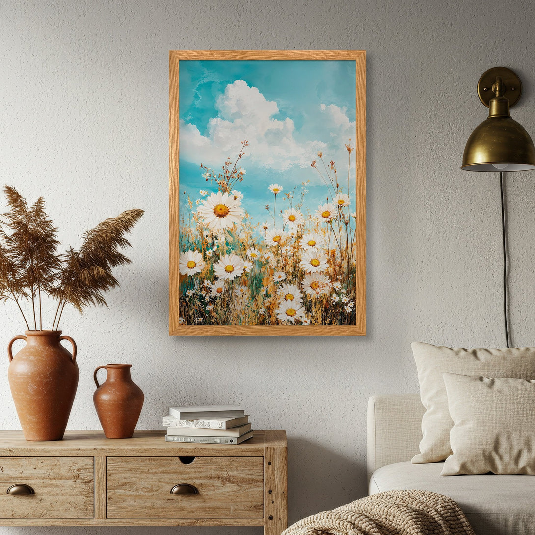 Framed Poster featuring a field of daisies against a blue sky, in a rustic style. Soft, natural color palette for a calming aesthetic.