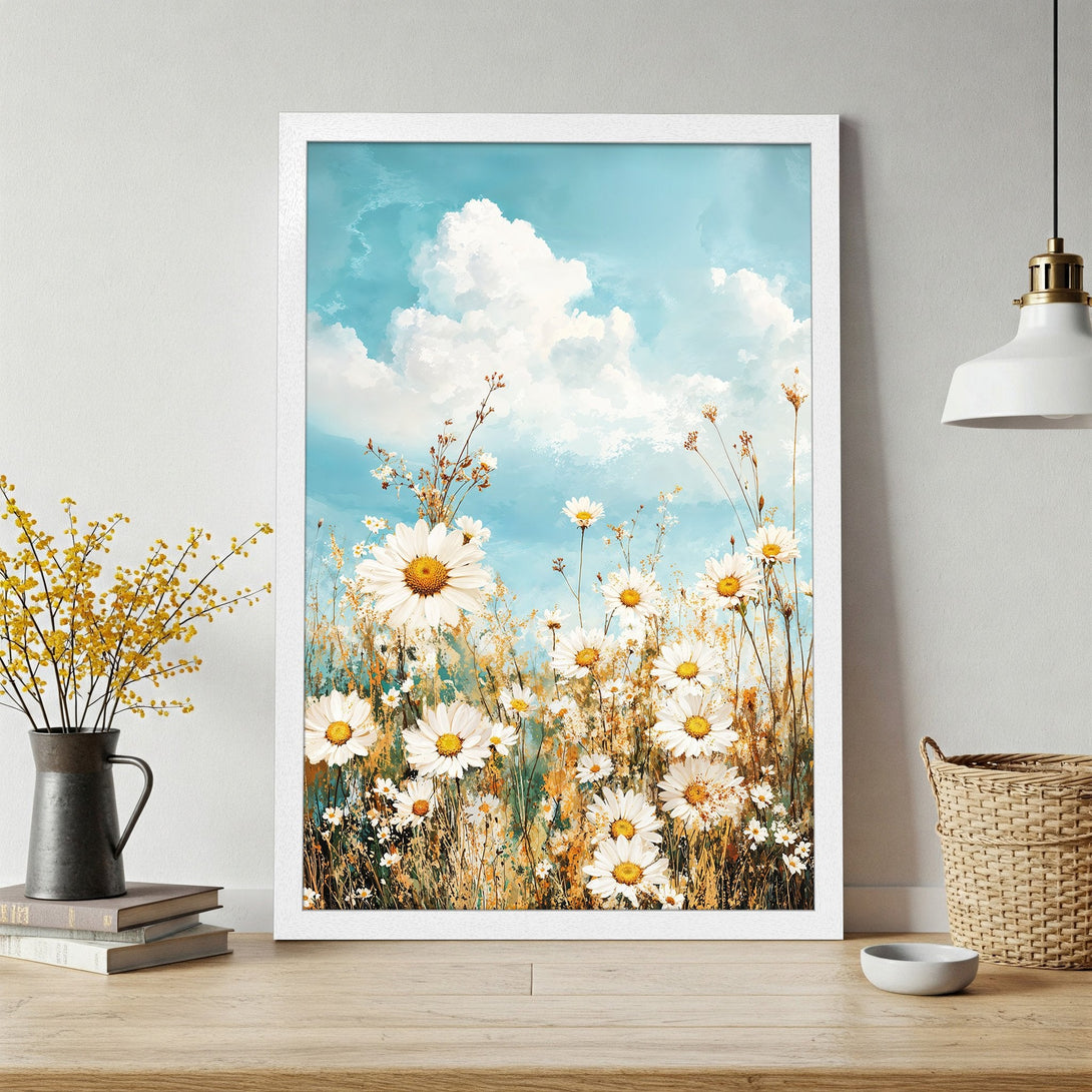 Framed Poster featuring a daisy field painting with a blue sky and white clouds, in a soft, watercolor style and a natural color palette.
