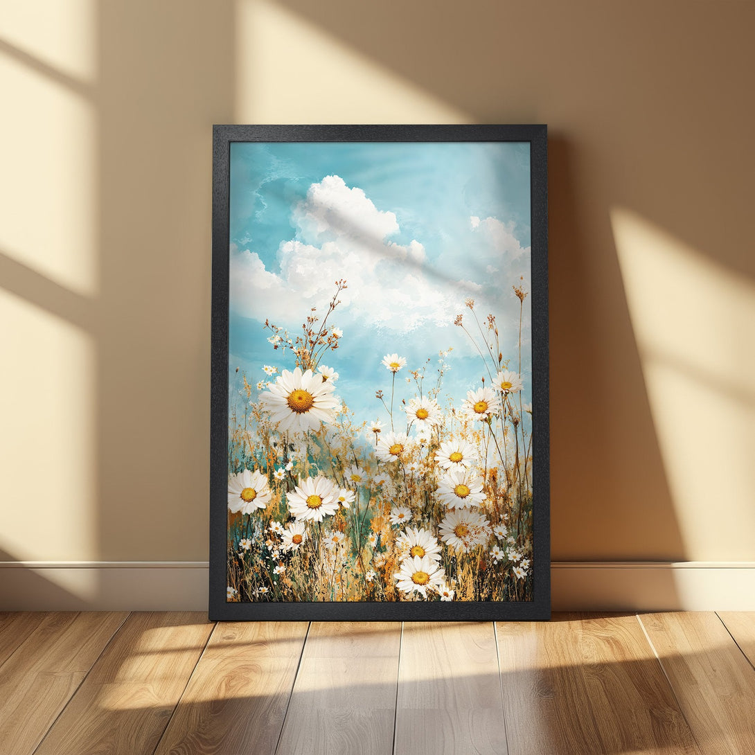 Framed Poster featuring a field of daisies under a bright blue sky. A beautiful, floral art print in a natural color palette.