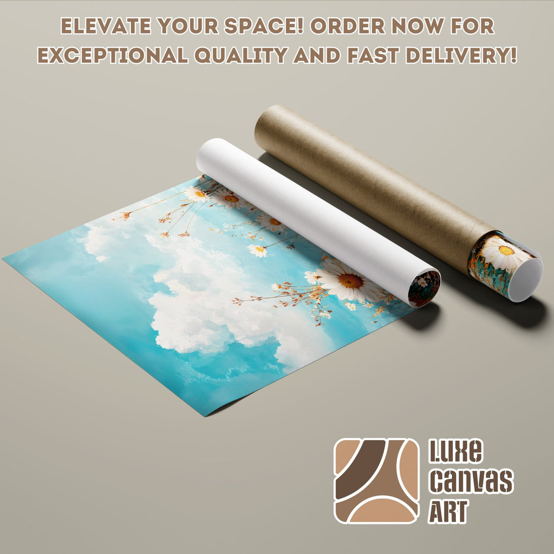 Poster Roll featuring a floral and sky design with a blue and white color palette.