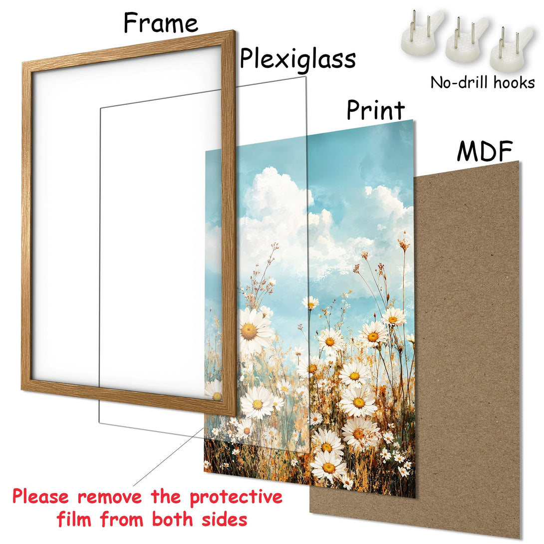Framed Poster featuring a daisy field against a blue sky, in a watercolor style with a natural color palette. Ready to hang!