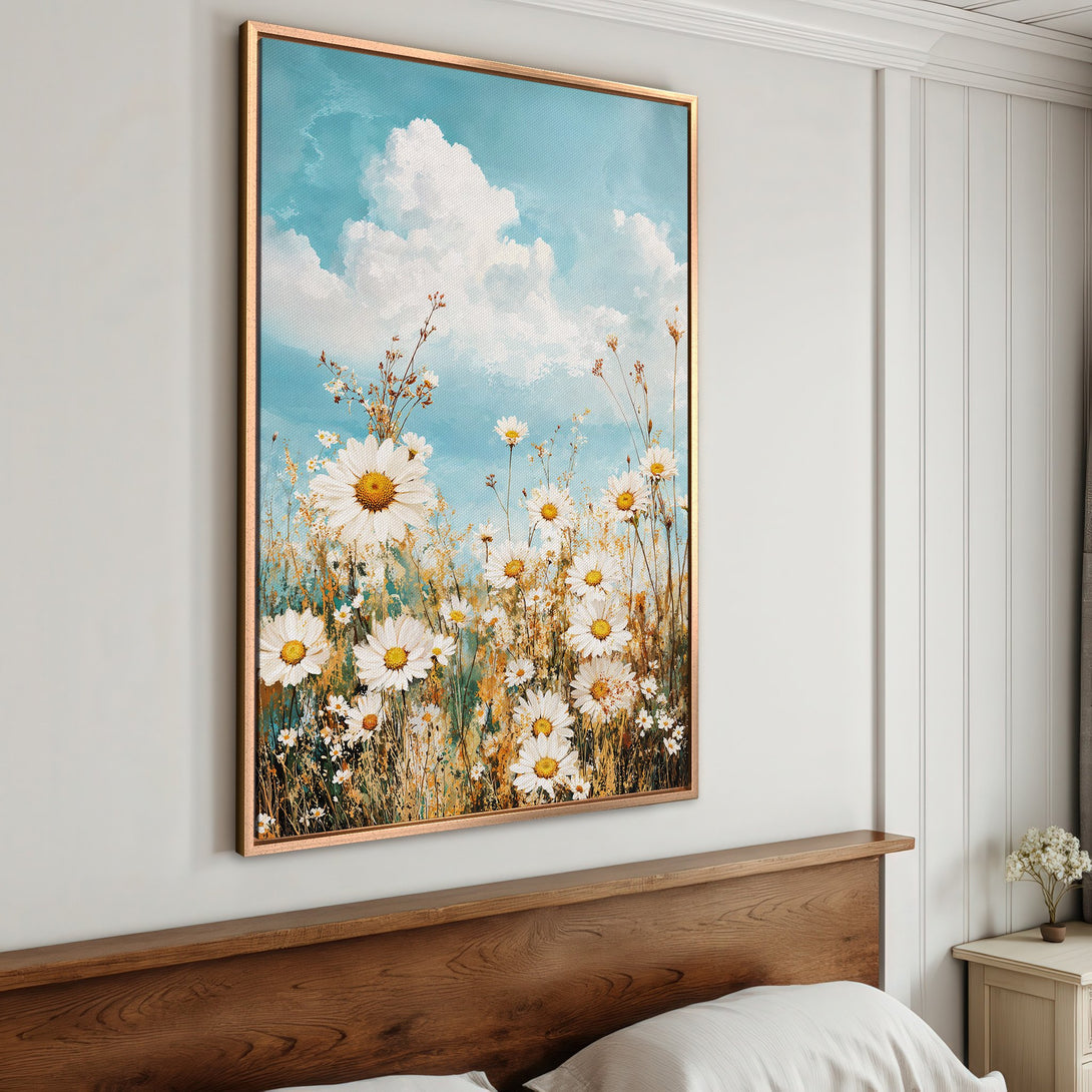 Framed Wall Art: Daisy field painting with blue sky & clouds. Rustic style, white, yellow, & blue color palette. Perfect bedroom decor!