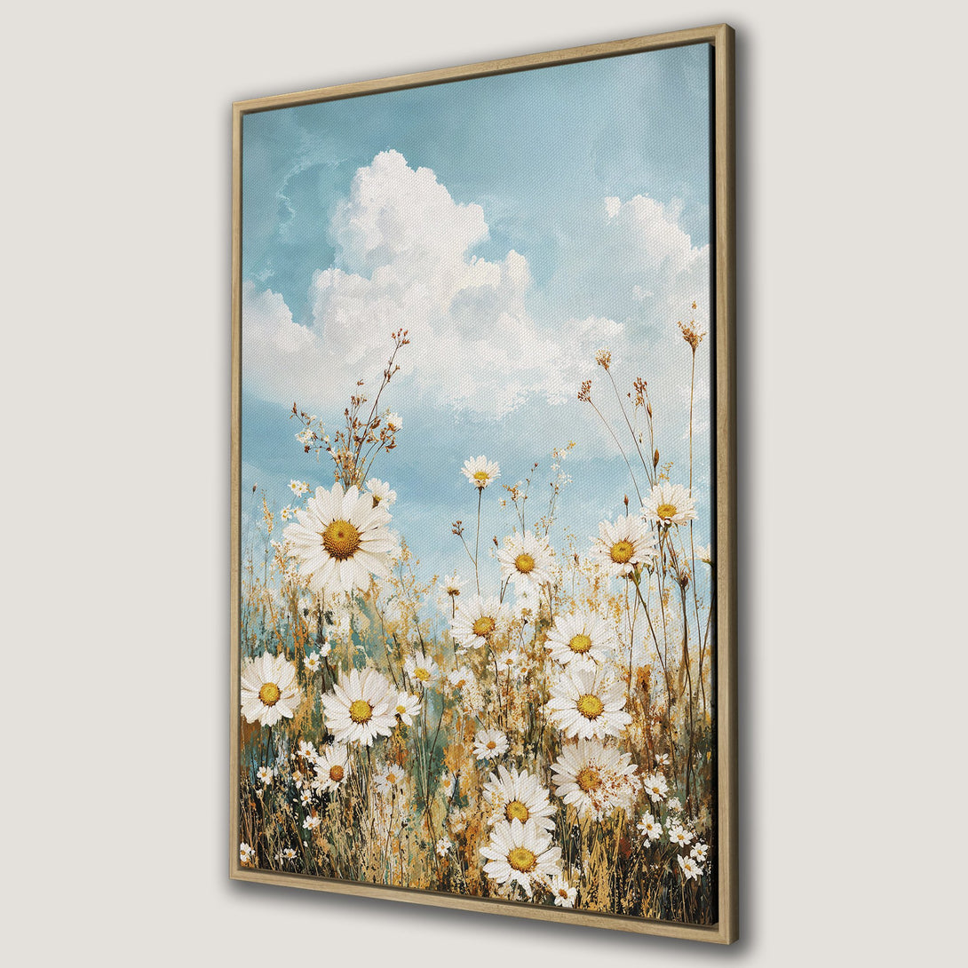 Framed Wall Art: Daisy field painting with blue sky and white clouds. Rustic style with a warm, natural color palette. Perfect for adding a touch of nature.