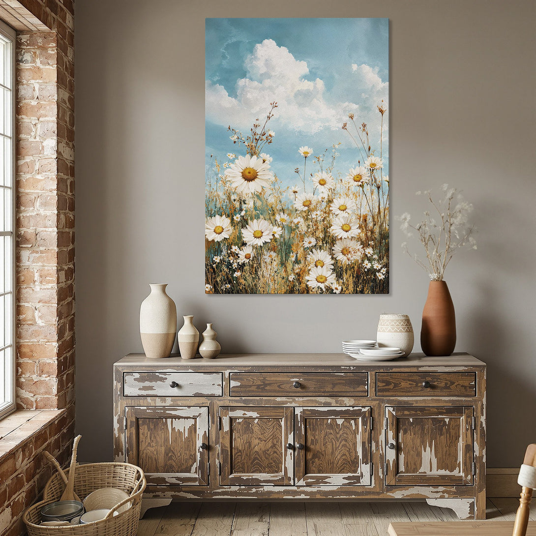 Framed Wall Art: Daisy field painting with blue sky. Rustic style canvas print in a dining room setting. Soft, warm color palette.