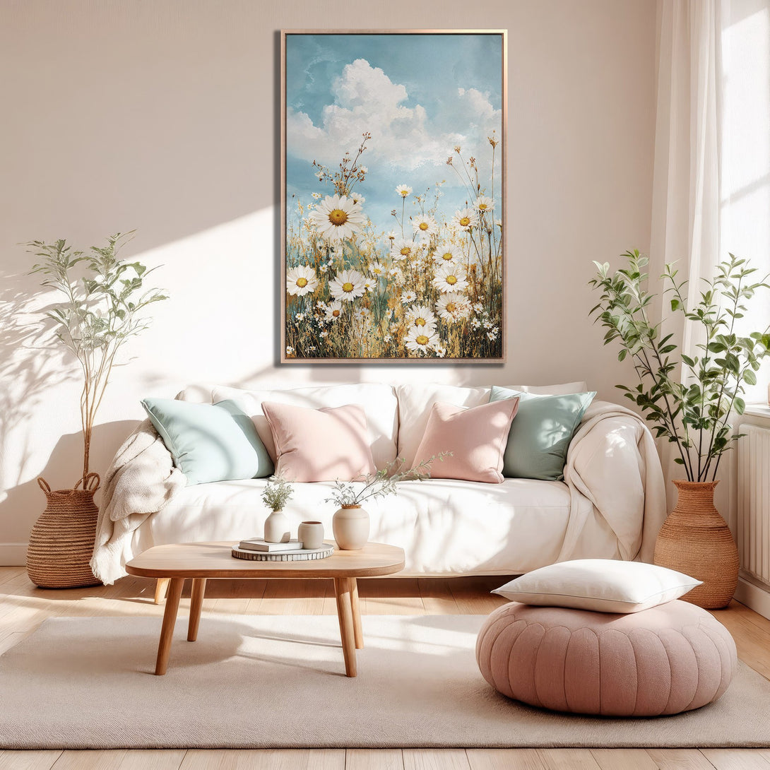 Framed Wall Art: Daisy field painting in a light-filled living room. Soft, pastel color palette with blue sky, white daisies, and warm neutrals.