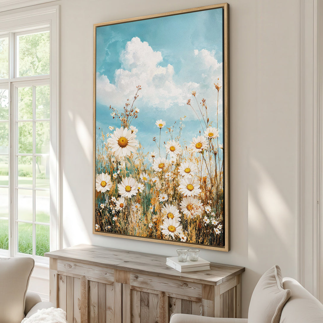 Framed Wall Art featuring a serene daisy field under a blue sky. This floral canvas print in a neutral interior adds a touch of rustic charm.