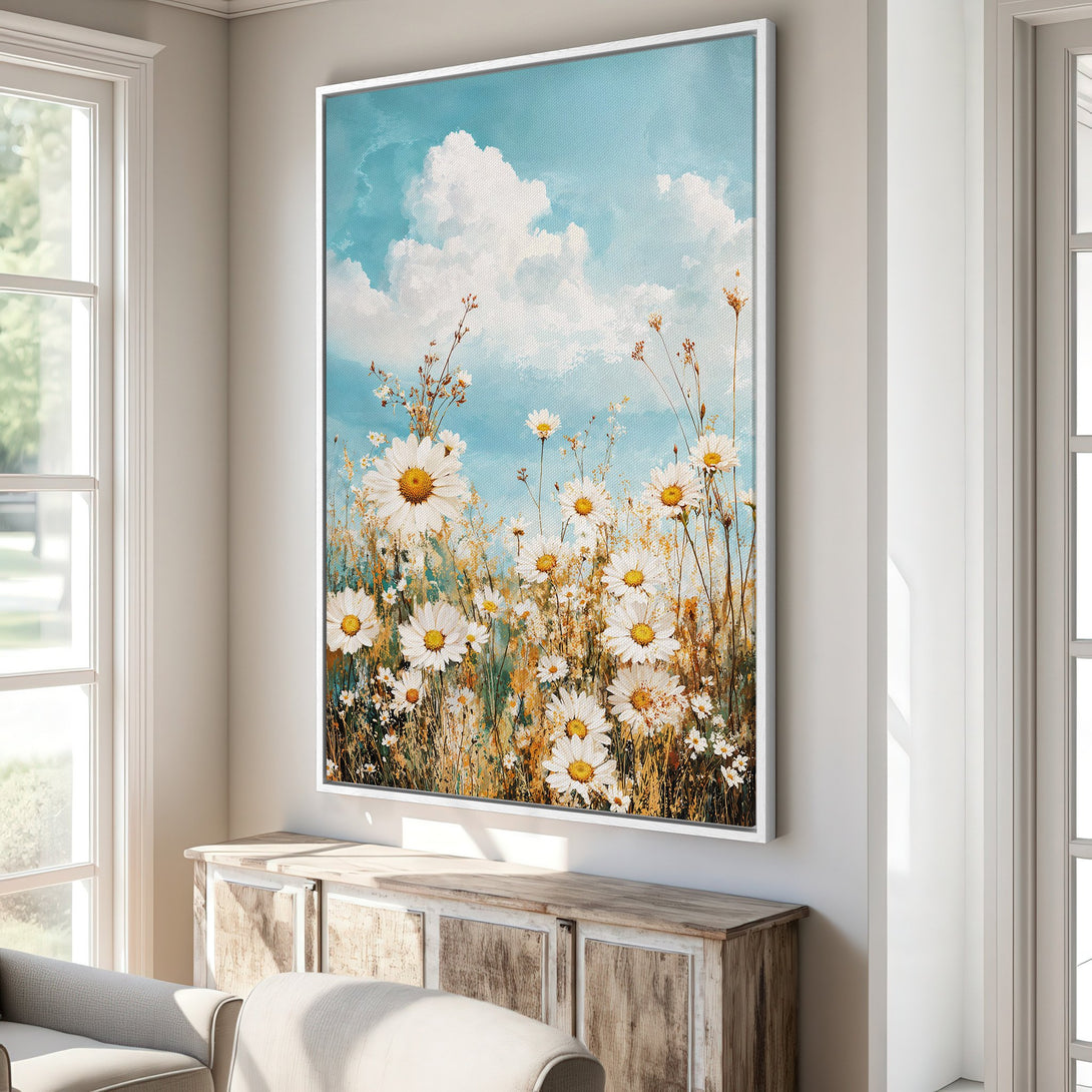 Framed Wall Art: Daisy field painting with blue sky and white clouds. Rustic style, neutral tones with pops of yellow and green. Perfect for a calming space.