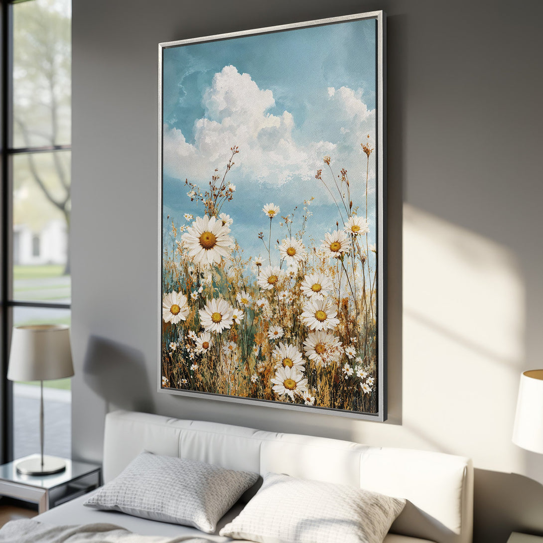 Framed Wall Art: Daisy field canvas print in a bedroom. Features a blue sky, white daisies, and a neutral color palette. Perfect for a calming interior.