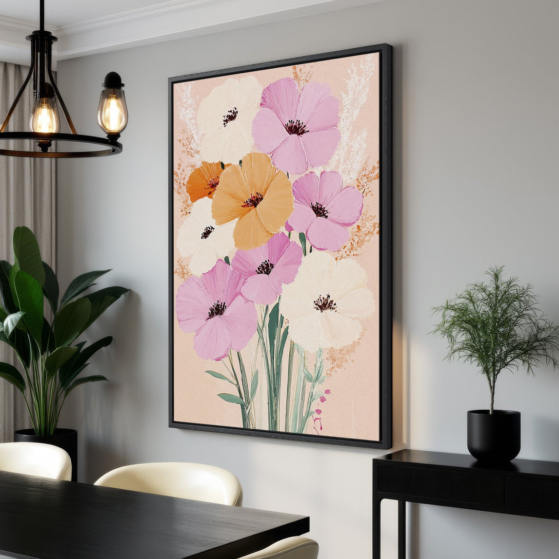 Framed Wall Art featuring a floral abstract painting. Soft pink, peach, and white flowers on a neutral background. Perfect for adding a touch of elegance to any space.