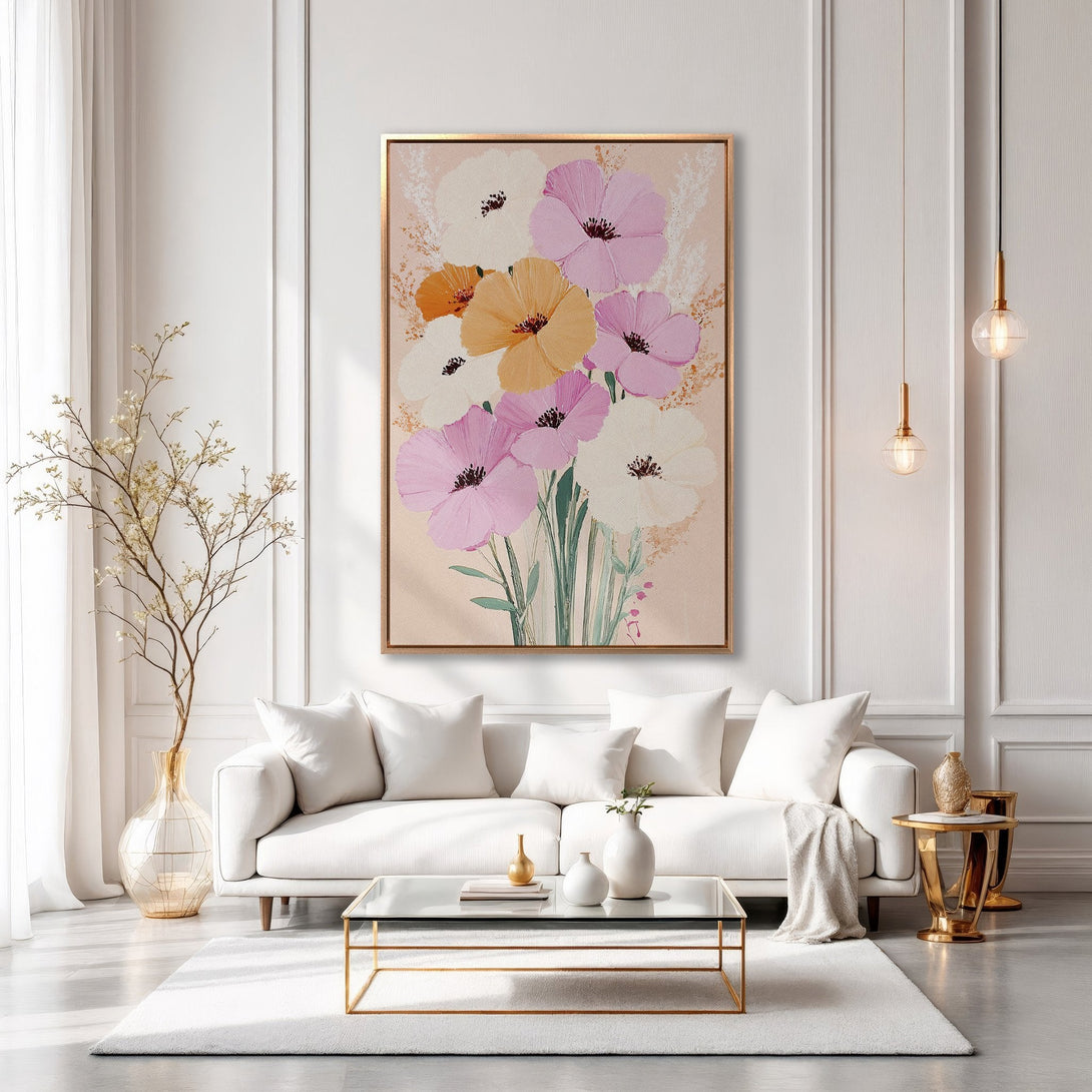 Framed Wall Art: Floral canvas print in soft pink, yellow, and white. Modern interior decor with a touch of elegance. Shop now for stylish wall art!