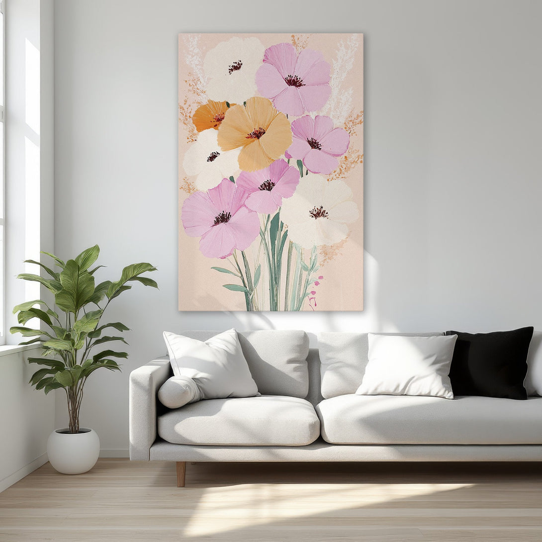 Framed Wall Art featuring a floral painting with pink, peach, and white blooms. Adds a touch of elegance and color to any room.