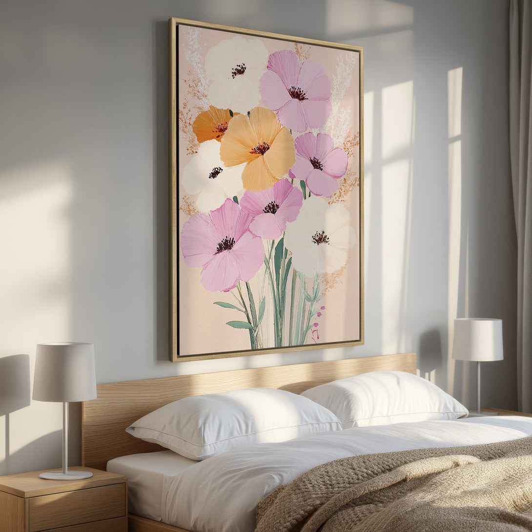 Framed Wall Art: Floral abstract canvas print with pink, white, and orange blooms. Perfect bedroom decor, adding a touch of modern art and soft color.
