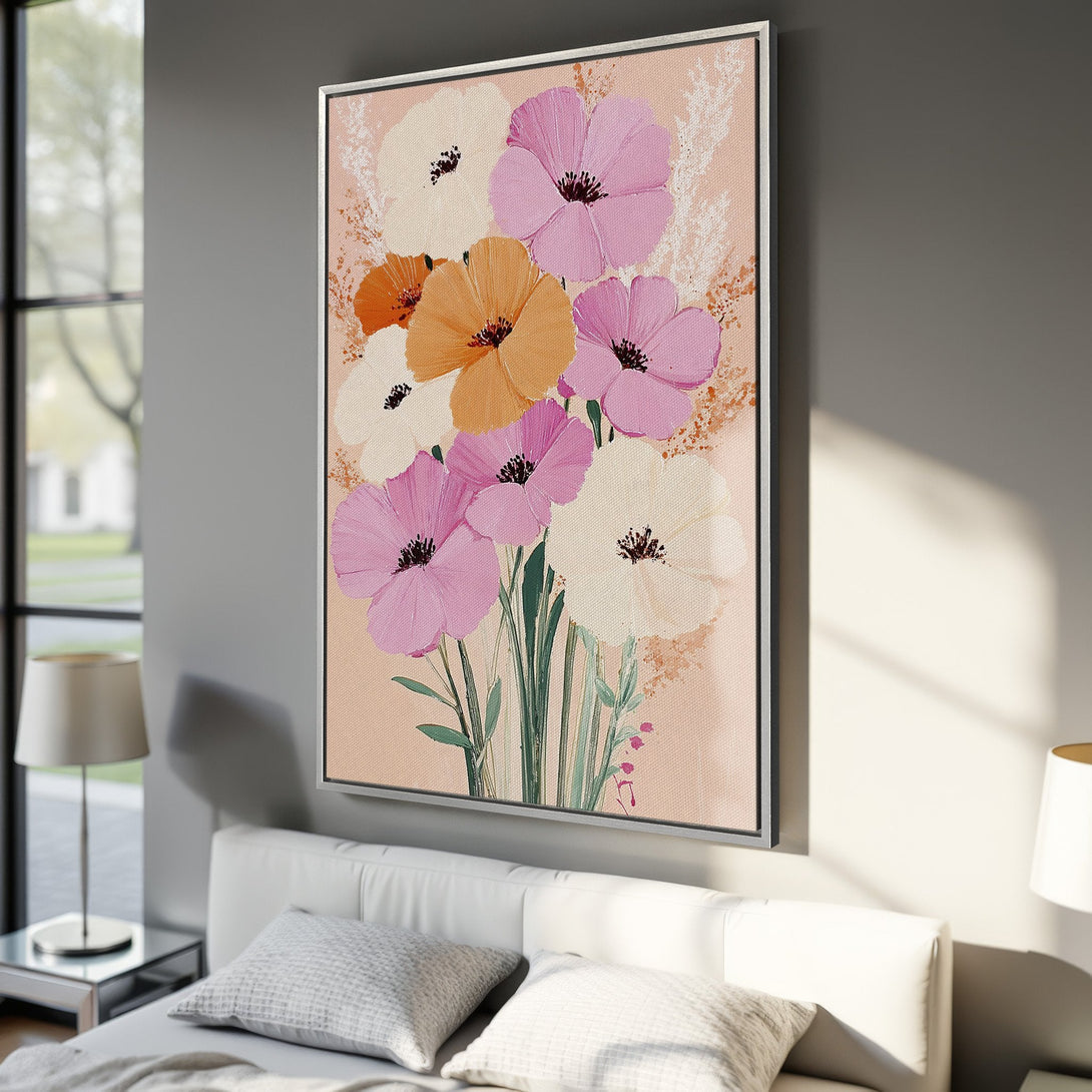 Framed Wall Art: Abstract floral canvas print in pink, orange, and white. Modern art for bedroom decor.