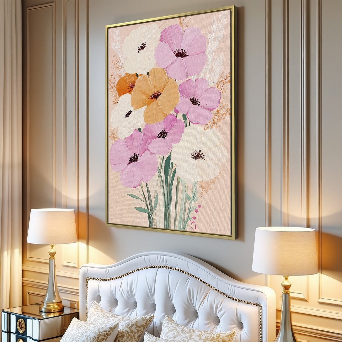 Canvas Print of floral art in pastel pink, orange, and white. Modern abstract style, perfect for adding a touch of elegance to your home decor.