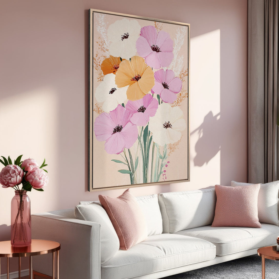 Framed Wall Art featuring a floral painting with a soft pink and orange color palette. Perfect for adding a touch of elegance to your home decor.
