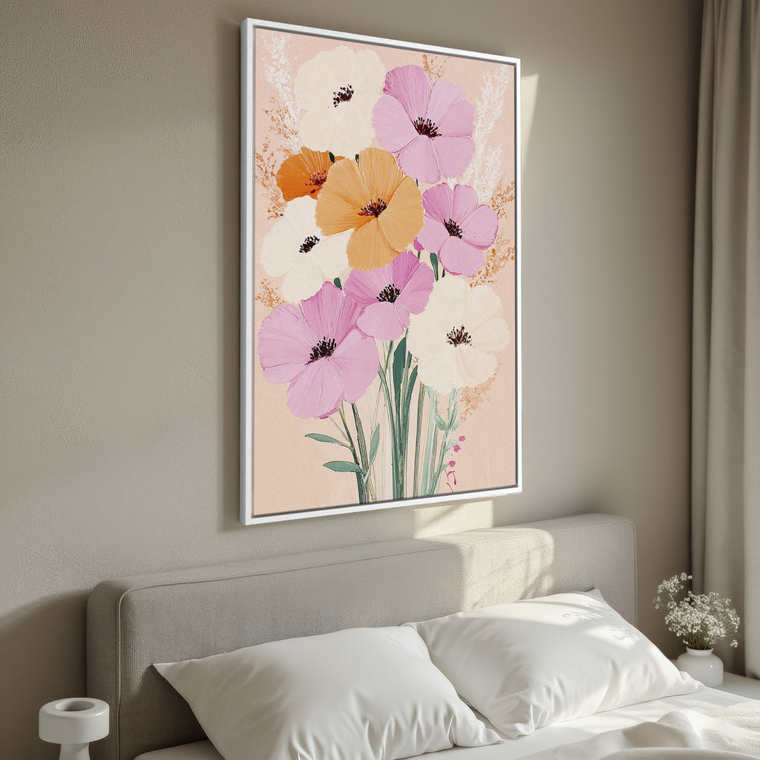 Framed Wall Art featuring a vibrant floral painting in a modern style. Soft pink, orange, and white blooms add a touch of elegance to any bedroom.