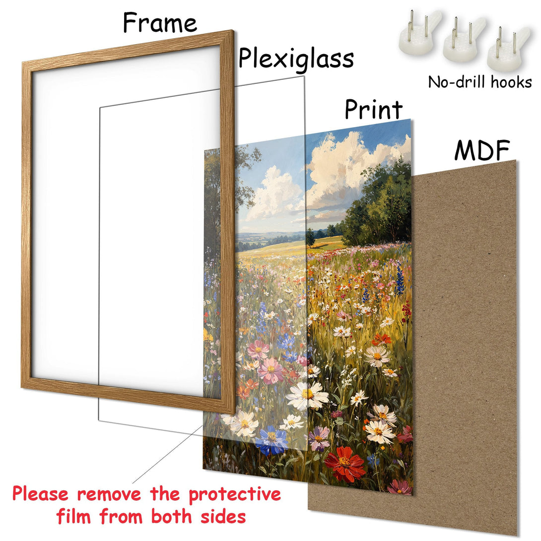 Framed Poster of a vibrant wildflower meadow. Impressionist style, colorful palette with blues, greens, and yellows. Perfect wall art.