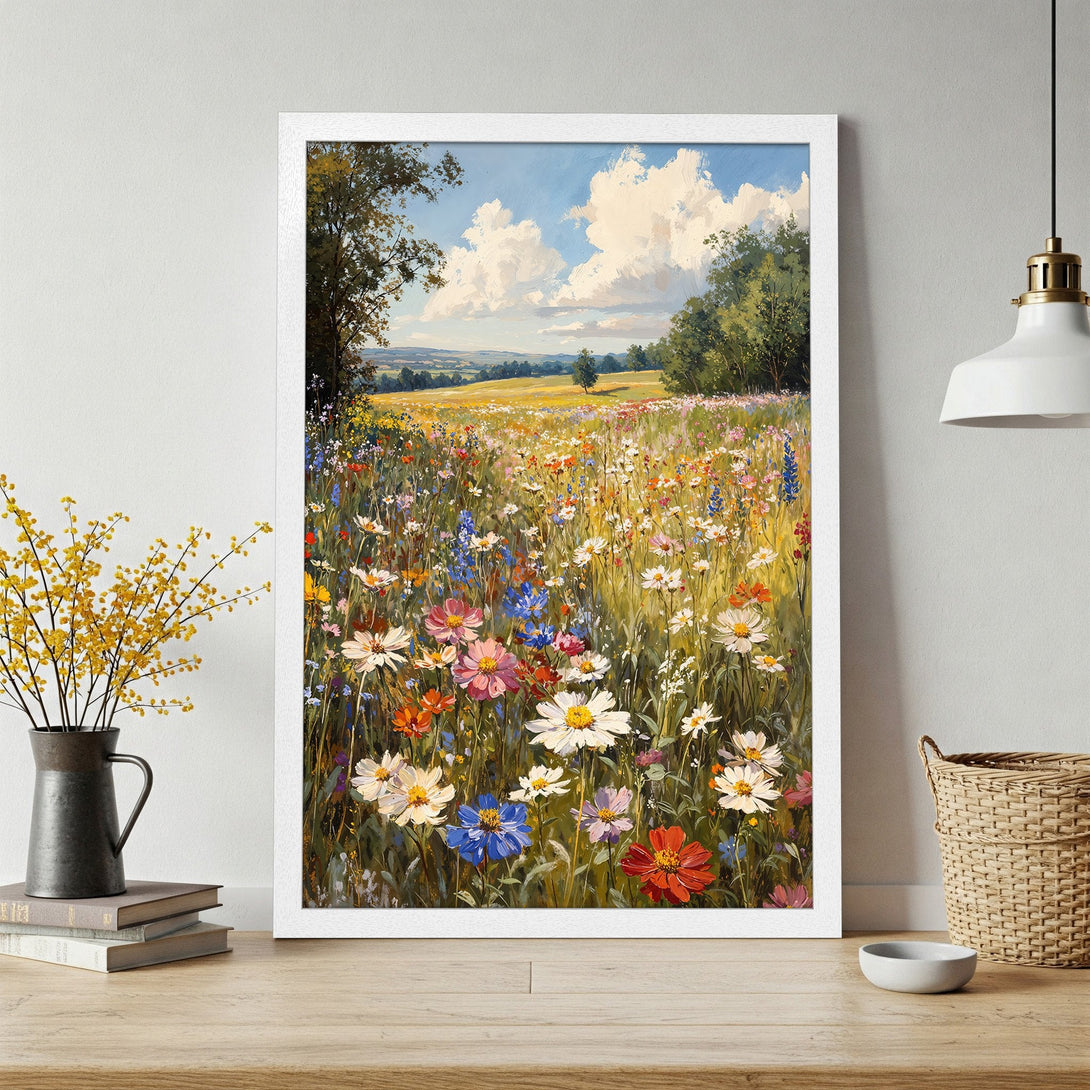 Framed Poster of a vibrant wildflower meadow painting. Impressionistic style with a colorful palette of blues, yellows, and greens. Perfect wall art!