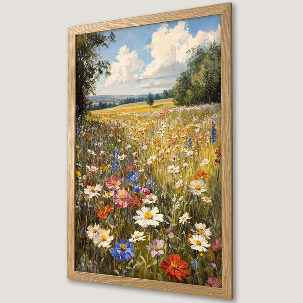 Framed Poster: Vibrant wildflower meadow art print in impressionistic style, featuring a colorful palette of blues, yellows, and greens. Perfect wall decor!
