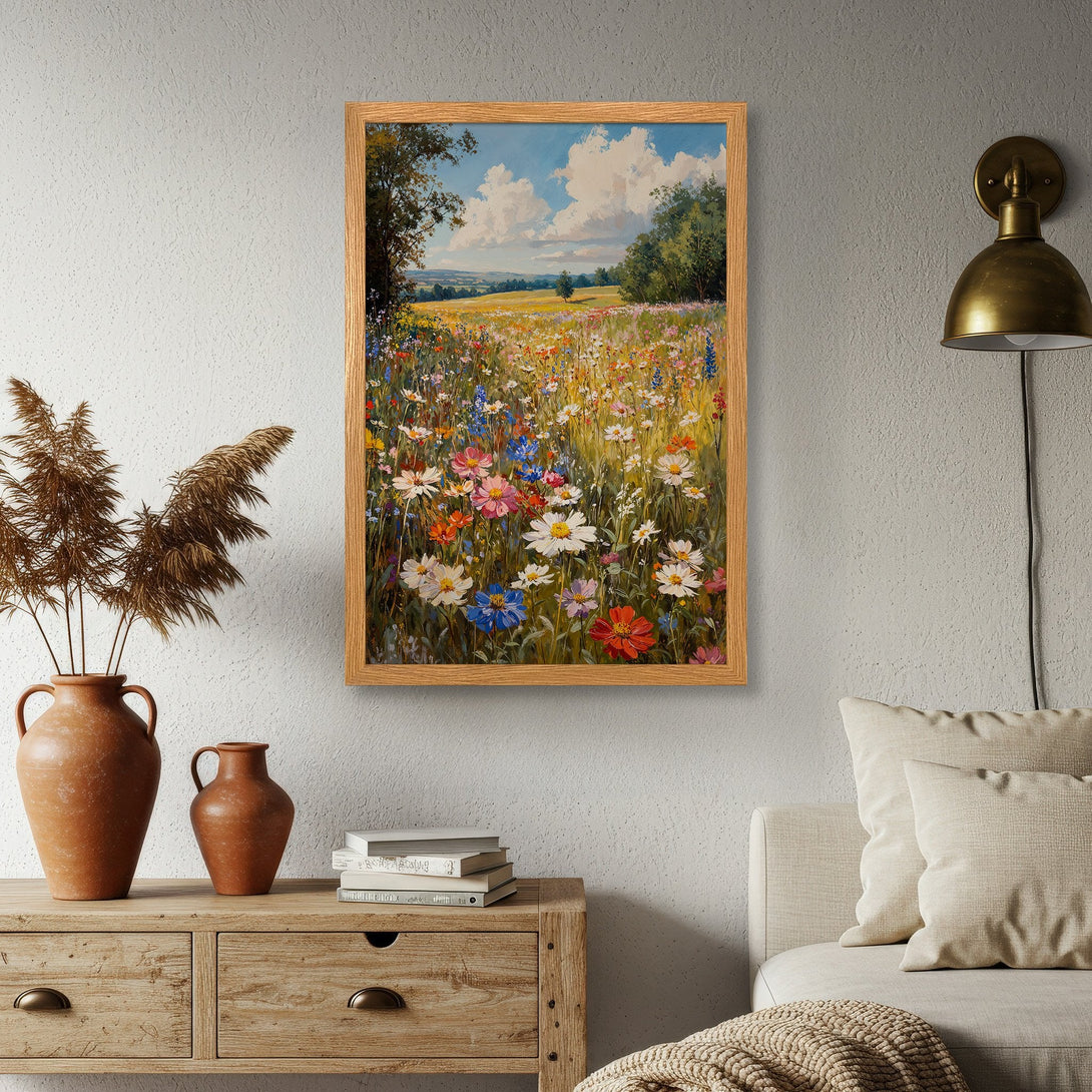 Framed Poster of a vibrant wildflower meadow painting, impressionistic style with a colorful palette. Perfect wall art for your home.