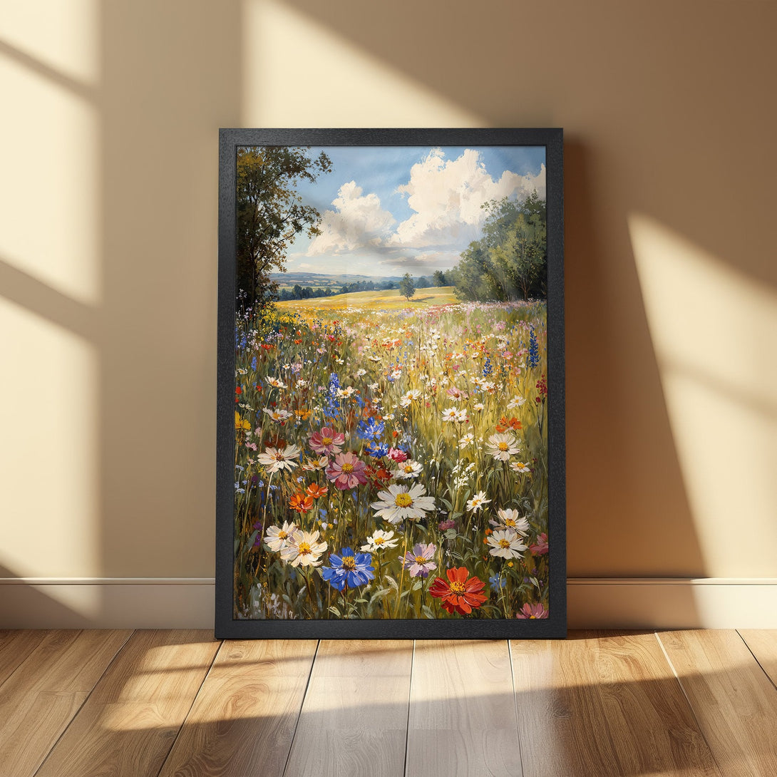 Framed Poster featuring a vibrant wildflower meadow painting in a warm, natural color palette. Perfect wall art for a touch of nature.
