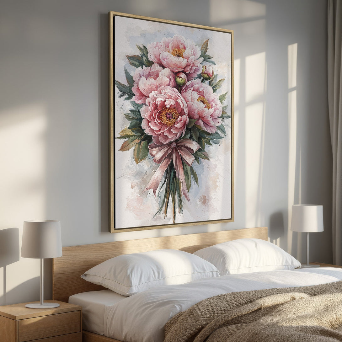 Framed Wall Art: Elegant floral canvas print featuring pink peonies. Soft, watercolor style with a blush and green color palette, perfect for bedroom decor.