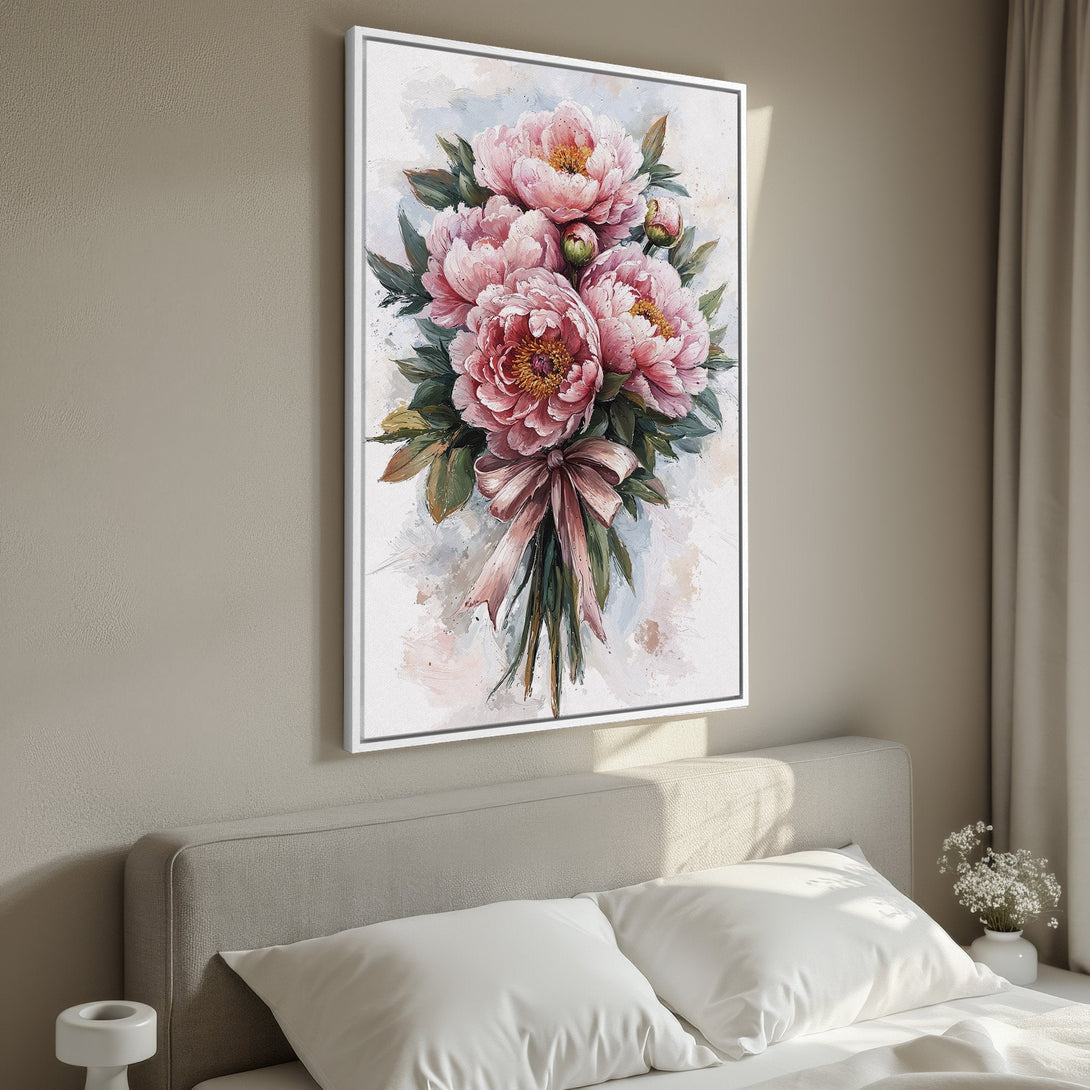 Framed Wall Art: Pink peony bouquet watercolor painting. Soft, romantic style with pink, green, and neutral tones. Perfect bedroom decor!