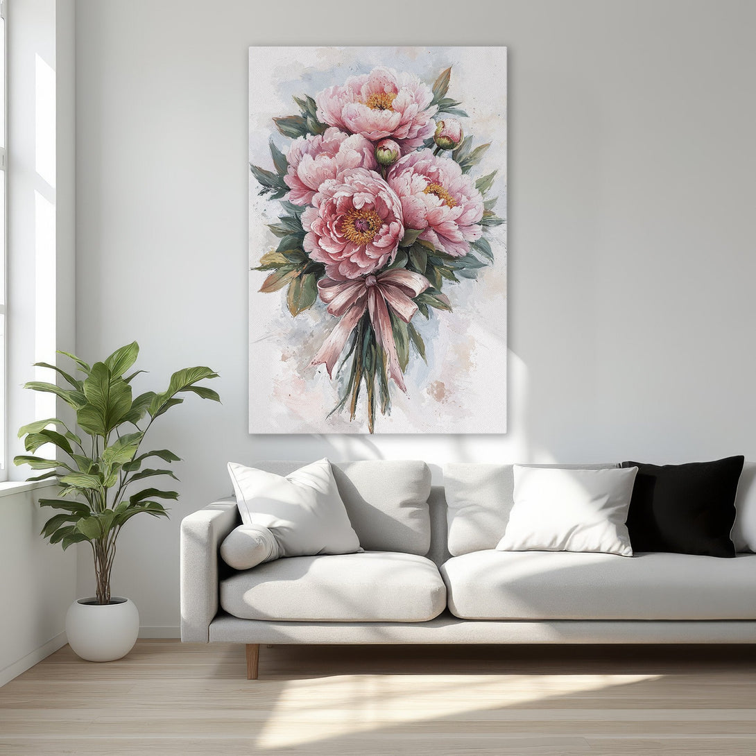 Framed Wall Art featuring a watercolor peony bouquet in soft pinks and greens. Elegant floral art for a touch of sophistication.