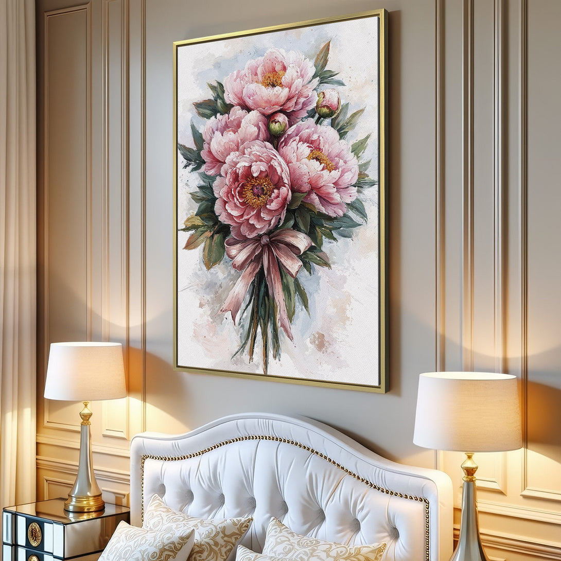Canvas Print featuring a watercolor bouquet of pink peonies. Soft, romantic style with a neutral, light color palette. Perfect wall decor!