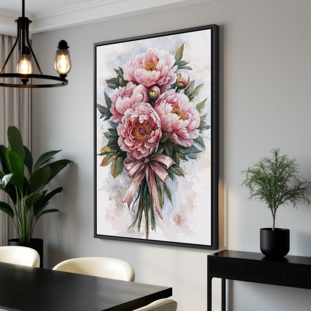 Framed Wall Art: Watercolor peony bouquet in pink and green hues. Elegant floral canvas print for a stylish home decor upgrade.