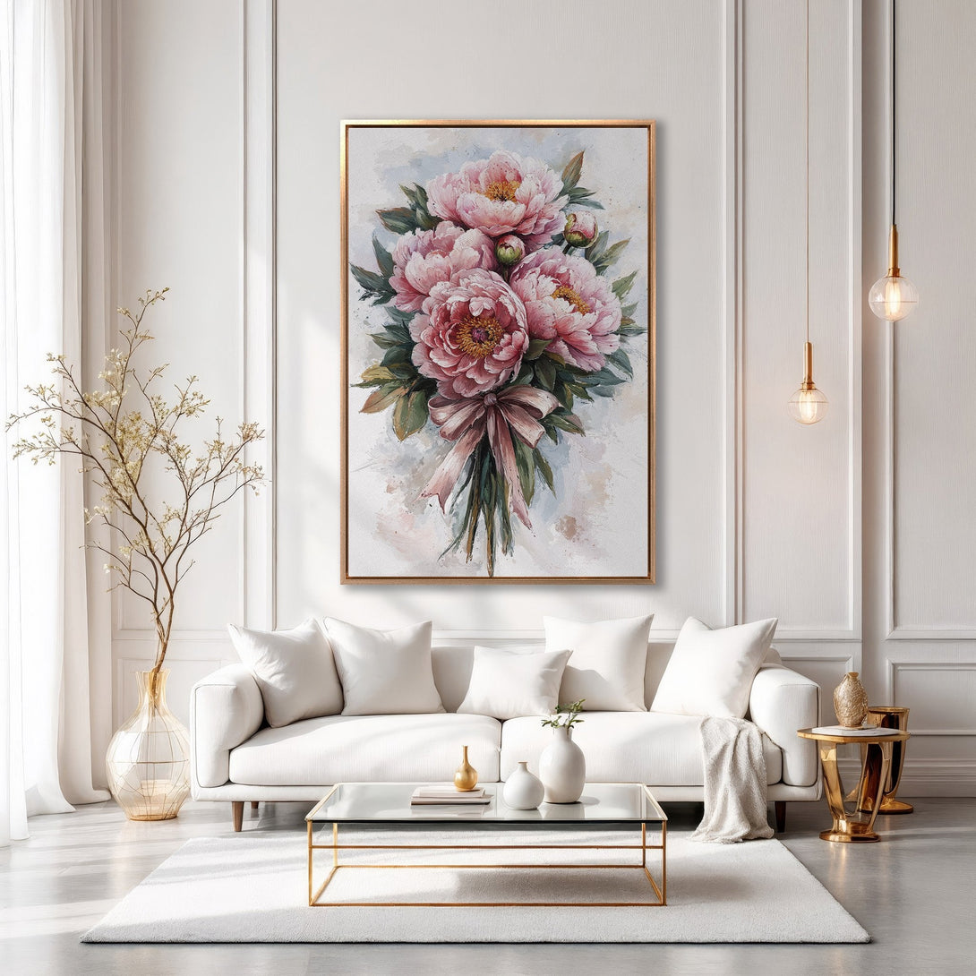 Framed Wall Art: Elegant watercolor peonies in pink and green. Adds a touch of sophistication to any living room. Soft color palette.