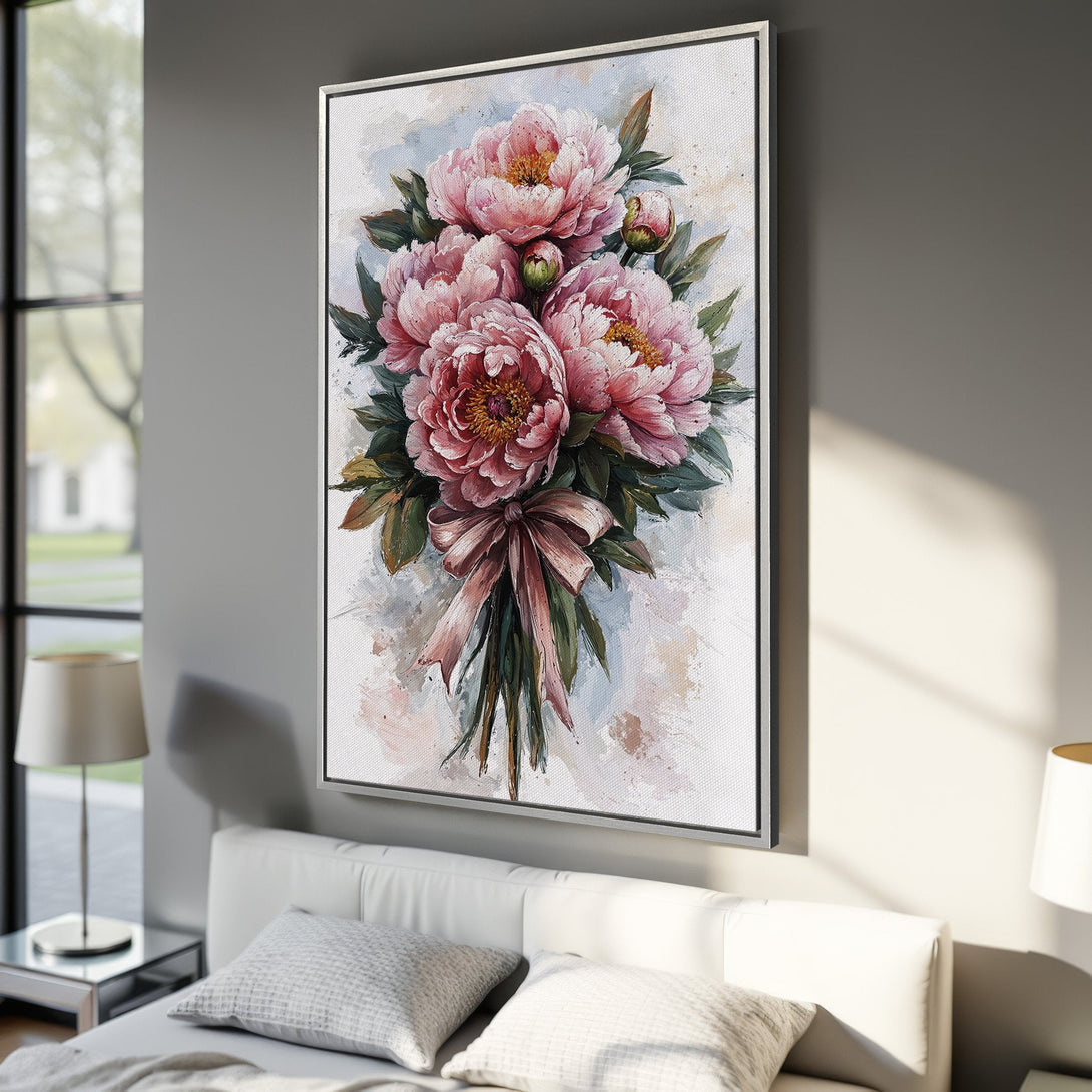 Framed Wall Art: Pink peony bouquet painting in a watercolor style. Soft pink and green color palette, perfect for bedroom decor.
