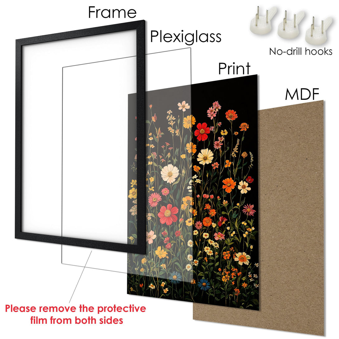 Framed Poster featuring vibrant floral art in a dark, elegant style with a colorful palette. Perfect wall decor!