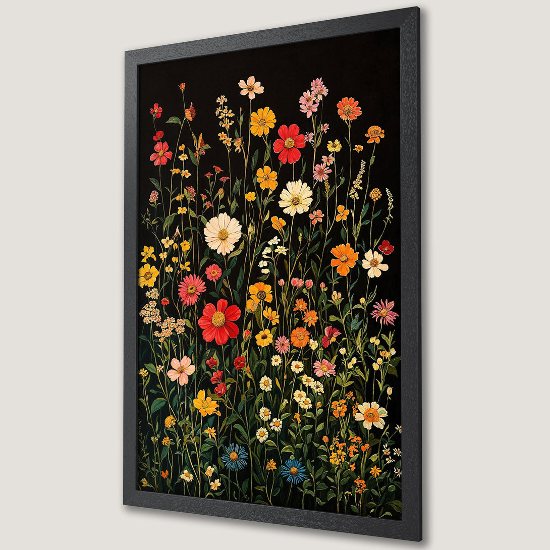 Framed Poster featuring vibrant wildflowers on a black background. Botanical art print with a colorful palette of red, yellow, and pink.