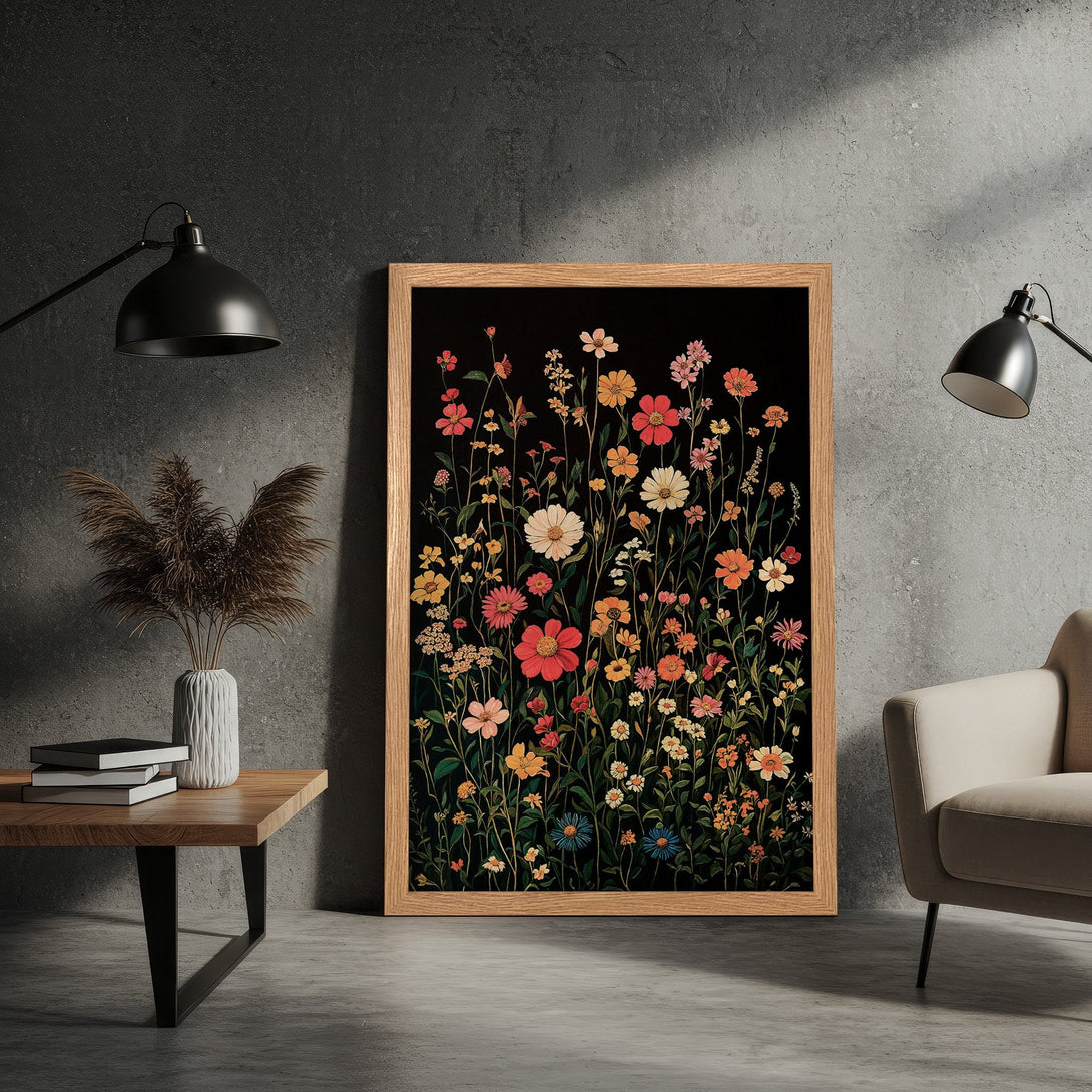 Framed Poster featuring vibrant floral artwork on a black background. Botanical style with a colorful palette, perfect for home decor.