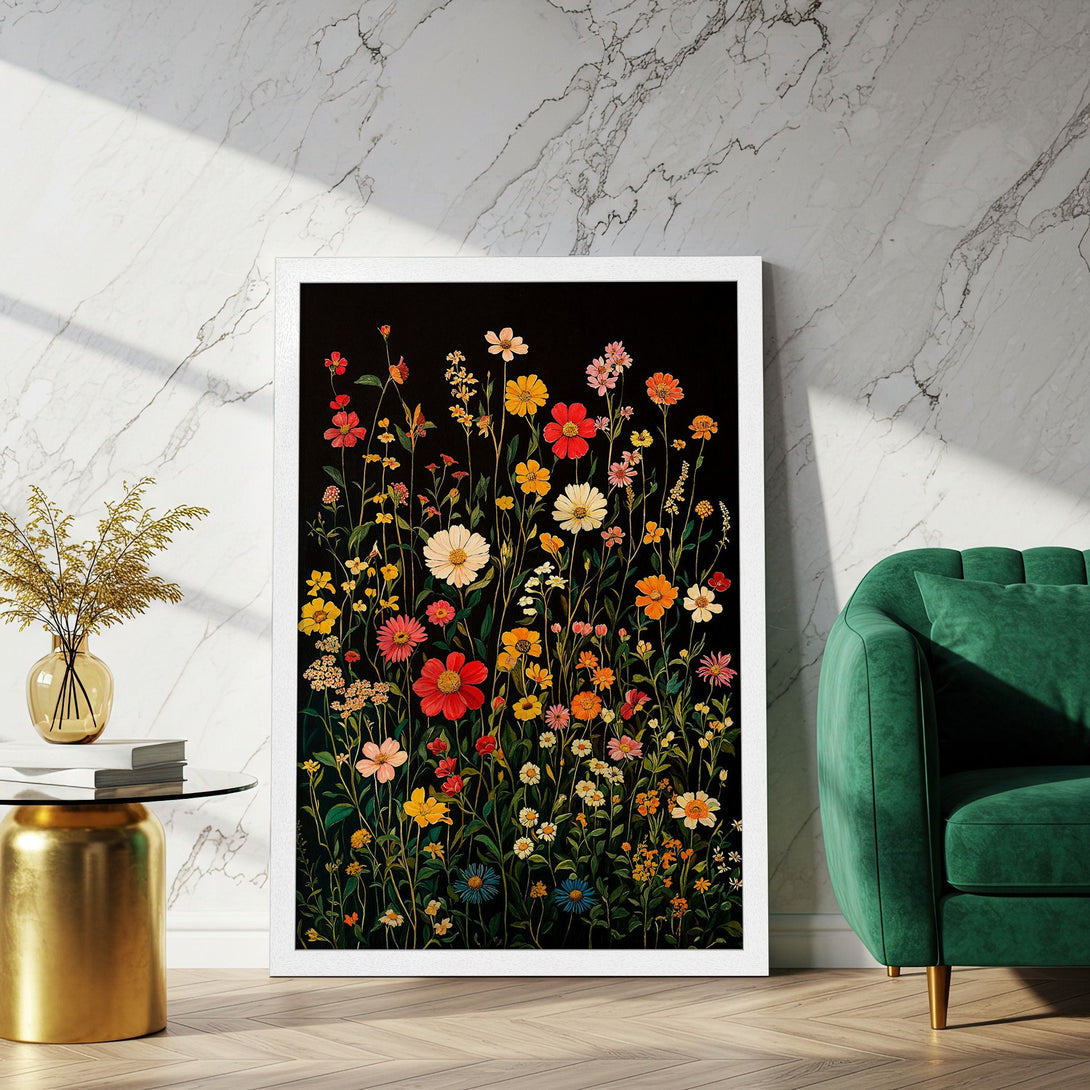 Framed Poster featuring vibrant floral art on a black background. Colorful wildflowers in a painterly style, perfect for adding a pop of color to any space.