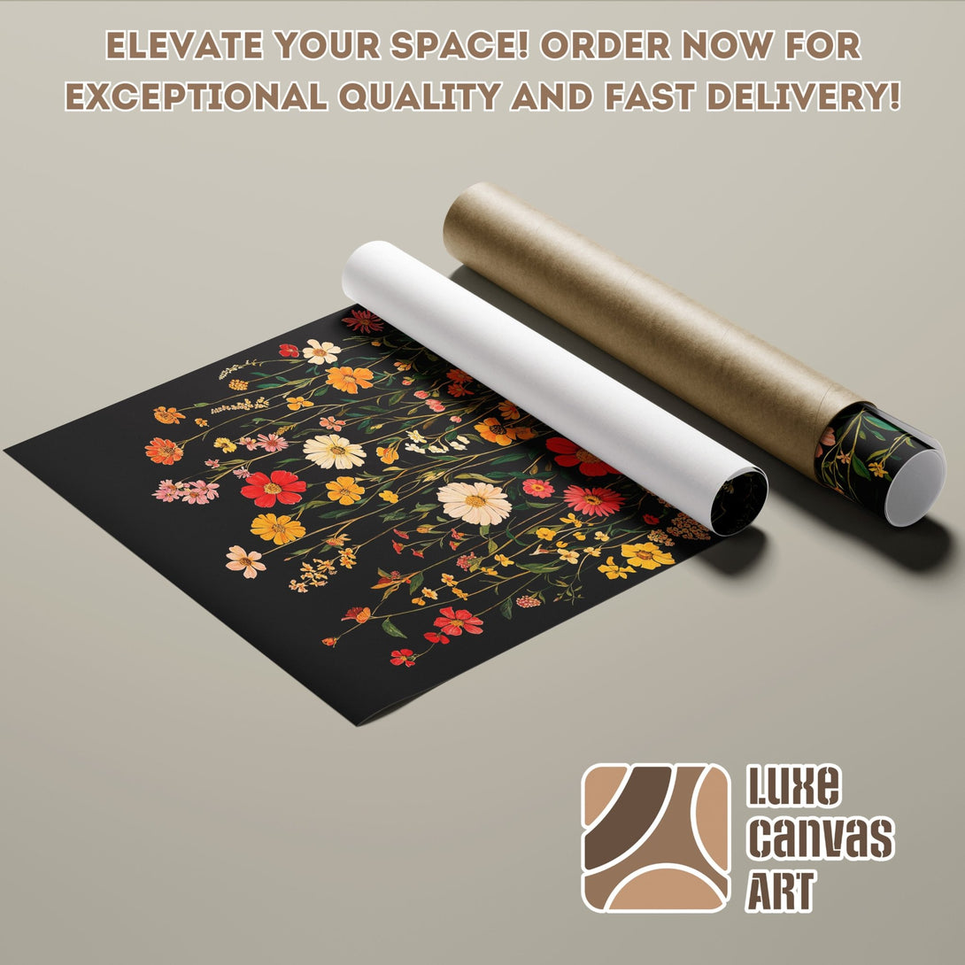 Floral Poster Roll art print with a dark background and colorful flowers. Elevate your space with this stunning poster!