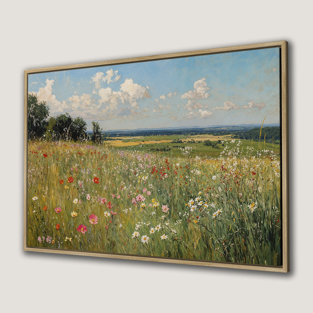 Framed Wall Art of a vibrant wildflower meadow. Impressionistic style with a warm, natural color palette. Bring the beauty of nature into your home!